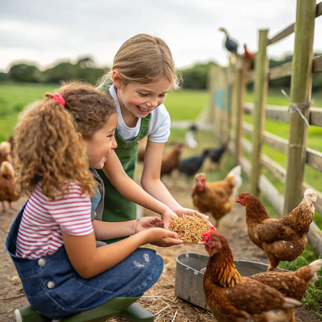 Children feeding chickens at local educational farm